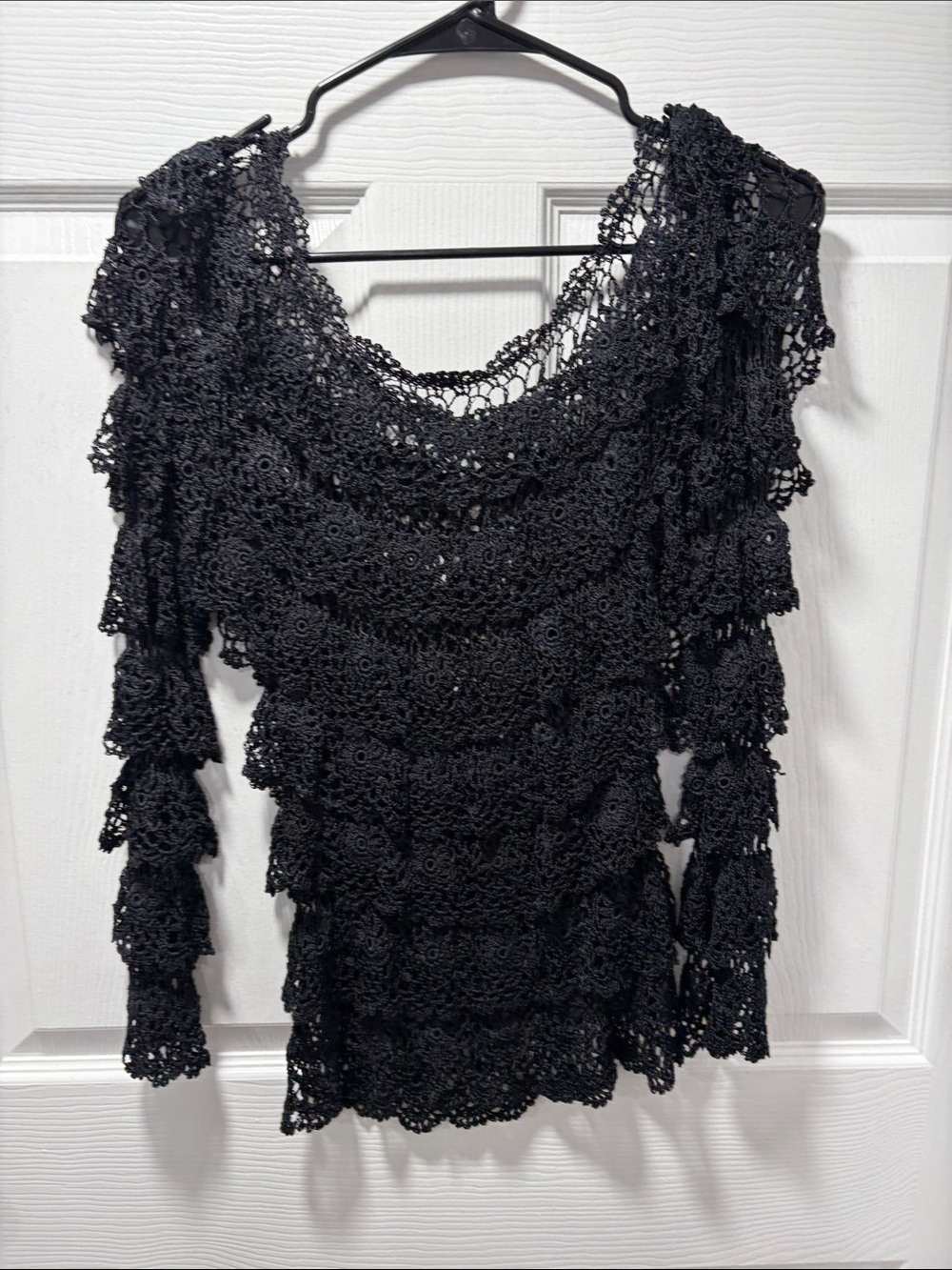 Sheer Crochet Lace Black Top Tiered Festival Grunge Whimsigoth Boat Neckline